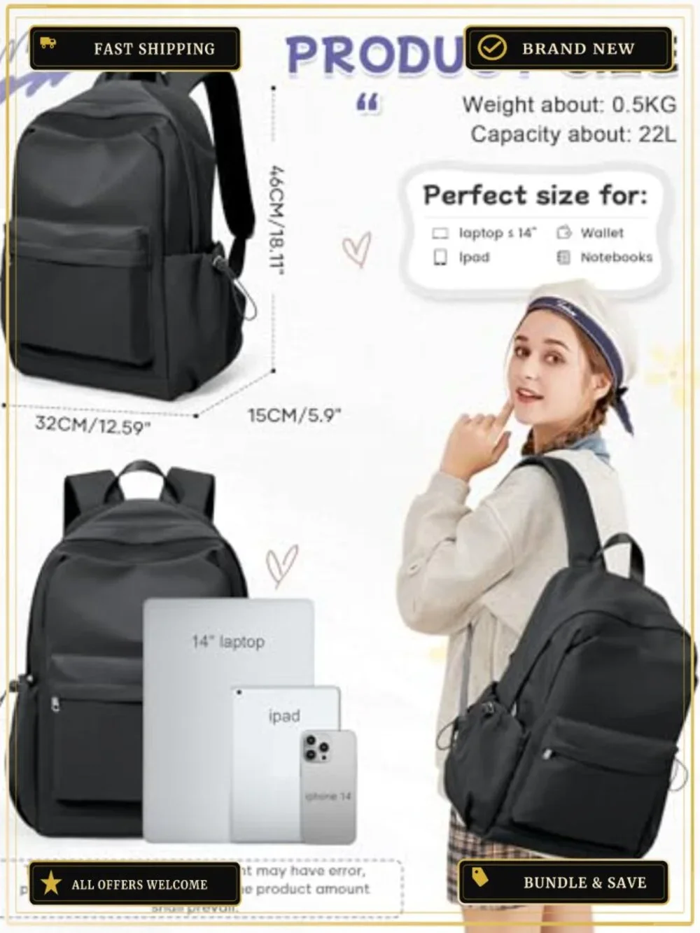 Small Black Backpack for School Teens Adults